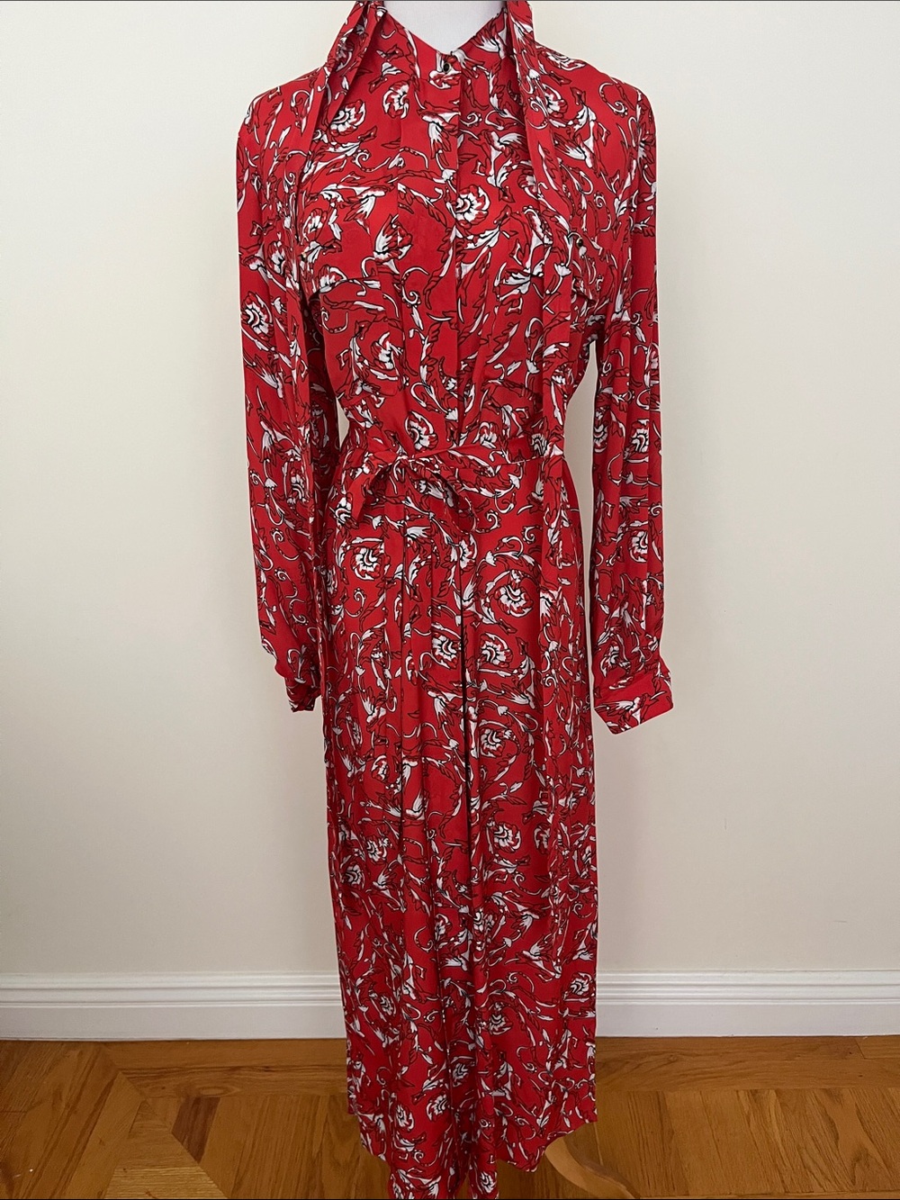 Escada Sport Red Floral Tie-Neck Long Sleeve Maxi Dress size EU34